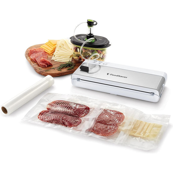 Компактний вакууматор FoodSaver VS0100X з ручним пристроєм для вакуумування, сріблястий (1 рулон та 4 пакети в комплекті)