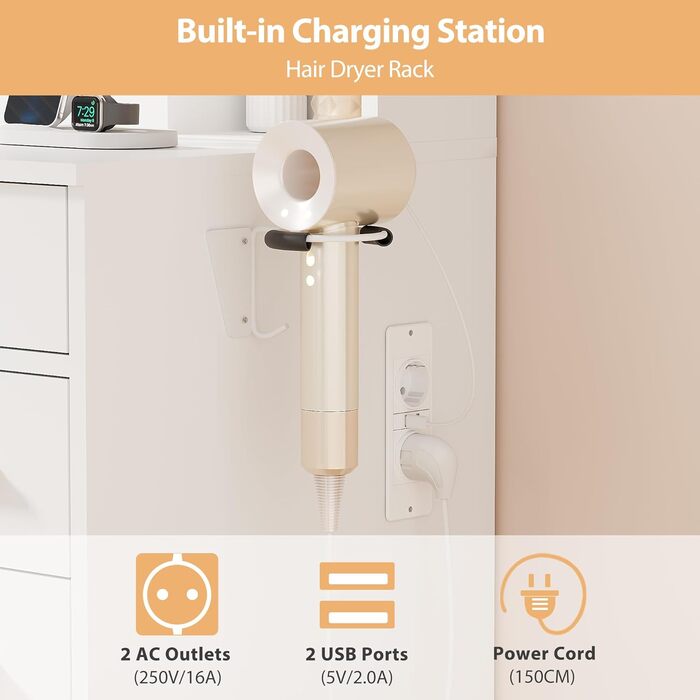 Великий туалетний столик ANWBROAD з регульованою LED-підсвіткою та 11 ящиками. Сучасний туалетний столик з дзеркалом, розетками, 6 відкритими полицями. Комплект з пуфом. Білий колір, 140x110x40 см. Модель BDT86W