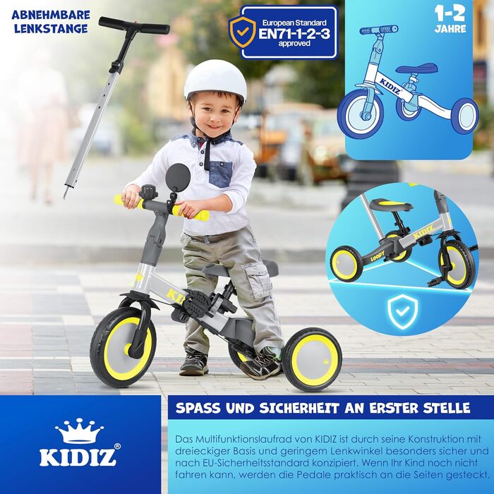 Біговел-триколіс KIDIZ 6-в-1 для дітей від 1 до 5 років (до 25 кг), сірий: з ручкою, захисним бампером, ременем безпеки, дзвінком та дзеркалом