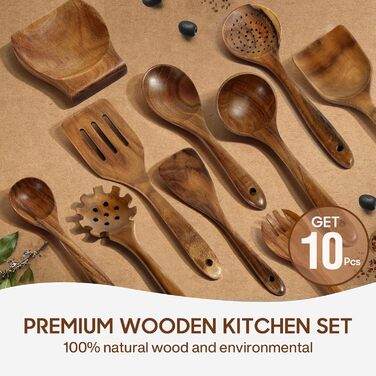 Набір кухонних аксесуарів з текового дерева (10 шт.) з підставкою, лопатка, половник, половник для супу, ложка для салату, виделки та ложки для салату, подарунок для кухаря
