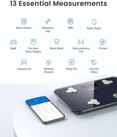 Міні-ваги для ванної кімнати RENPHO, жирові відкладення та м'язова маса, синхронізація додатків, макс. 180 кг, 28x18 см
