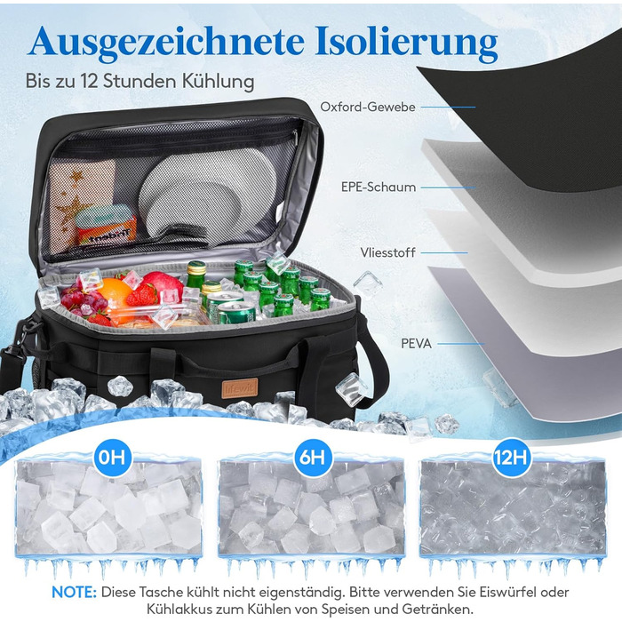 Термосумка-холодильник Lifewit 30л для пікніка, їжі та напоїв, чорна. Ізольована сумка-холодильник для роботи, кемпінгу, пляжу