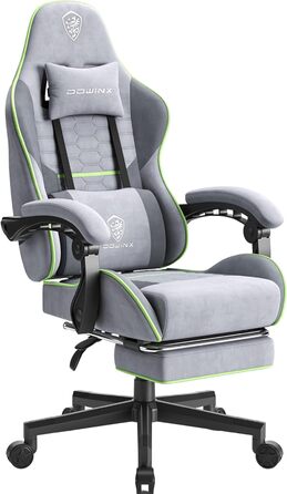 Ігровий крісло Dowinx з підголовником та підставкою для ніг, тканинне, з масажем, чорно-зелений, ергономічне, для офісу та ігор
