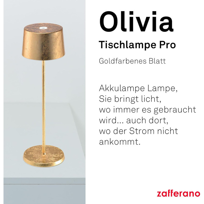 Zafferano Olivia Pro - портативна LED-лампа з торшером, регулювання яскравості, 2700-3000K, 35 см (золота)