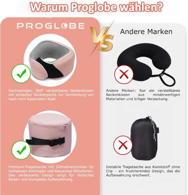 Подушка для шиї ProGlobe, 100% Memory Foam, ортопедична, для подорожей (літак, авто, поїзд), з маскою для сну, сітчаста сумка (світло-рожева)