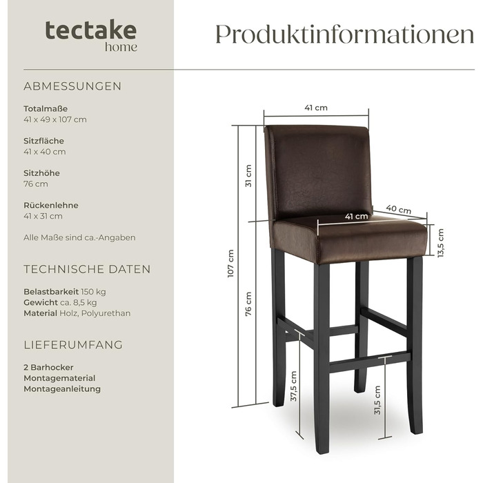 Барний стілець tectake® з підніжкою, 2 шт. в наборі, дерево та штучна шкіра, 107 см