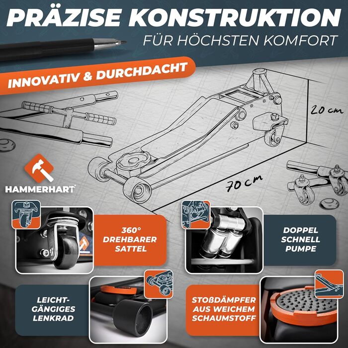 Гідравлічний домкрат HAMMERHART 3T з низьким профілем, 75-505мм, колеса 360°, подвійний поршень, гумова накладка, Т-ручка - Преміум якість
