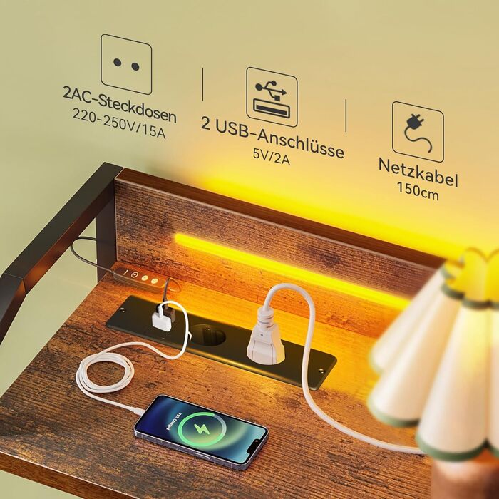 Комод ODK з висувними ящиками та LED-підсвіткою, 10 кольорів, 2 USB та 2 розетки, 8 тканинних ящиків, для вітальні/спальні, 110x30x88 см, вінтажний стиль