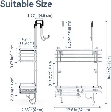 Вішалка для душу Lepuss, вішалка для душу, без свердління, органайзер для душу над дверцятами душу з 2 поверхами і гачками, вміщує білизна для душу, шампунь, мило, рушник (срібло)