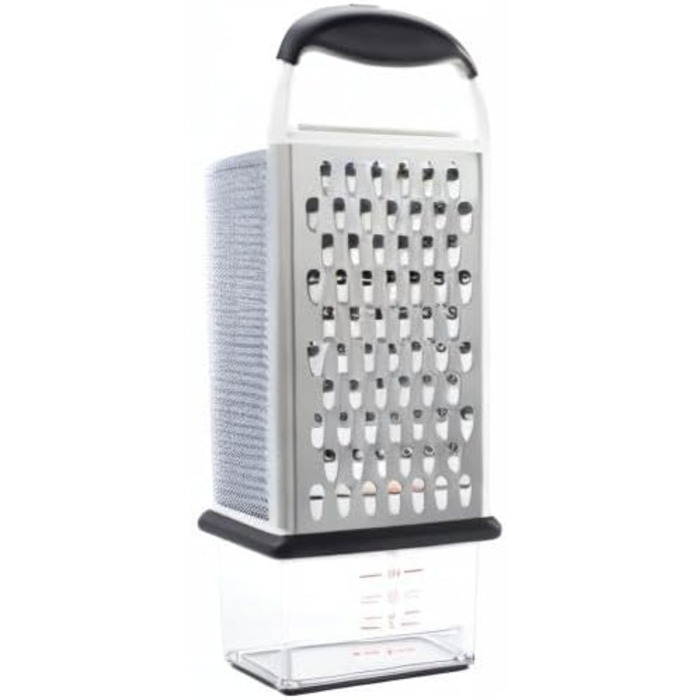 OXO Good Grips Квадратна тертка з контейнером для збору з нержавіючої сталі з травленням – для овочів та іншого, Срібна/Чорна