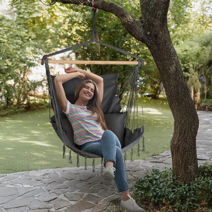 Підвісне крісло-гойдалка з подушкою 100x130x75 см, до 150 кг, для саду та дому, графітовий колір