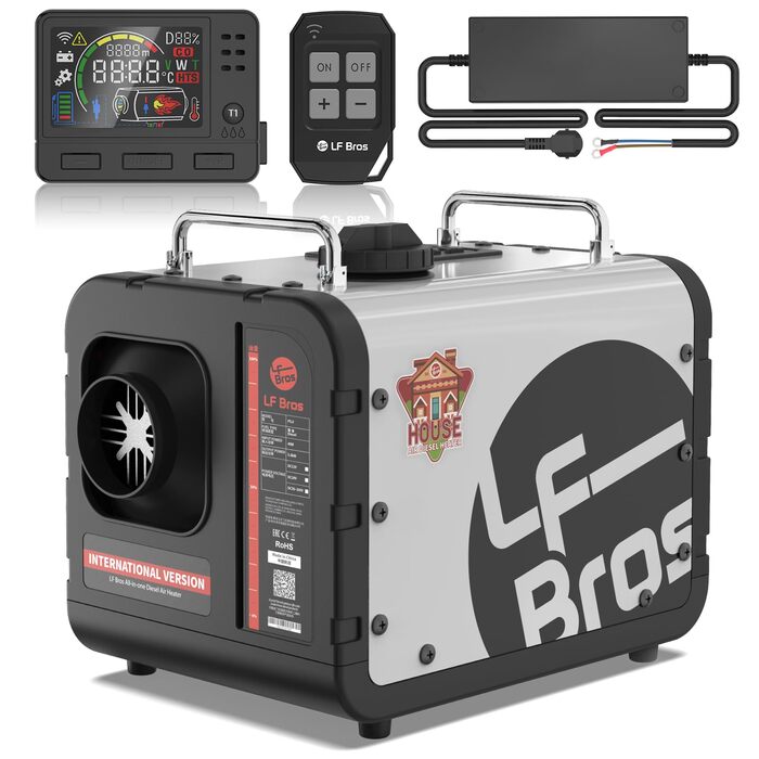 Дизельний опалювач LF Bros 5 кВт - 12/24/220-240V з пультом керування та LCD-дисплеєм для гаража, майстерні, кемпінгу, автодому (білий)