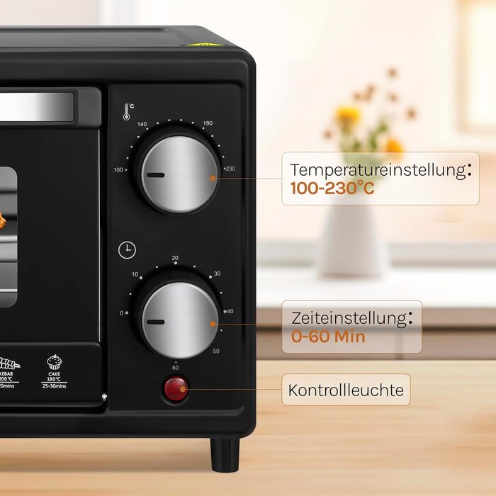 Міні-піч WOLTU 10 л, 800 Вт: піч для піци, тостів, індички, хот-догів. Чорний колір