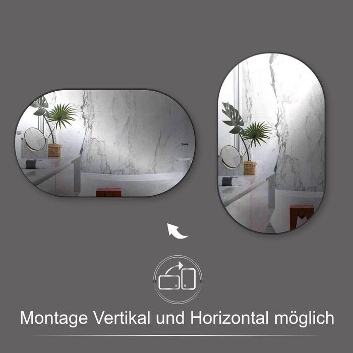 Дзеркало настінне овальне HOKO Design 45x75 см з металевим матовим каркасом. Можлива вертикальна та горизонтальна установка. Підходить для ванної кімнати, коридору, спальні та вітальні.