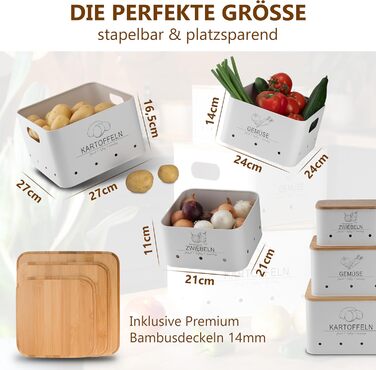 Коробки для зберігання картоплі MNKsolution (3 шт) з кришкою - для картоплі, овочів, цибулі, часнику - органайзер для кухні, контейнери для продуктів (білий)