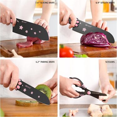 Набір кухонних ножів MeowKit 5 предметів з нержавіючої сталі, милий набір ножів з знімним блоком та ножицями, котяча форма, чорний, рожевий, рожевий
