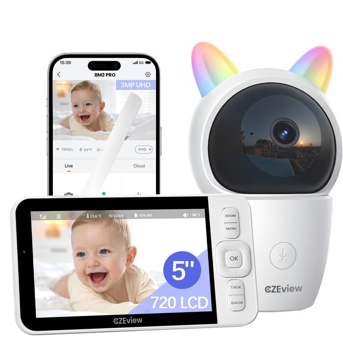 Відеоняня з камерою 2K HD Wi-Fi Babyphone з додатком, 360° огляд, 4x Zoom, нічний режим, датчик руху/плачу/звуку, термометр, чорний - 1 камера