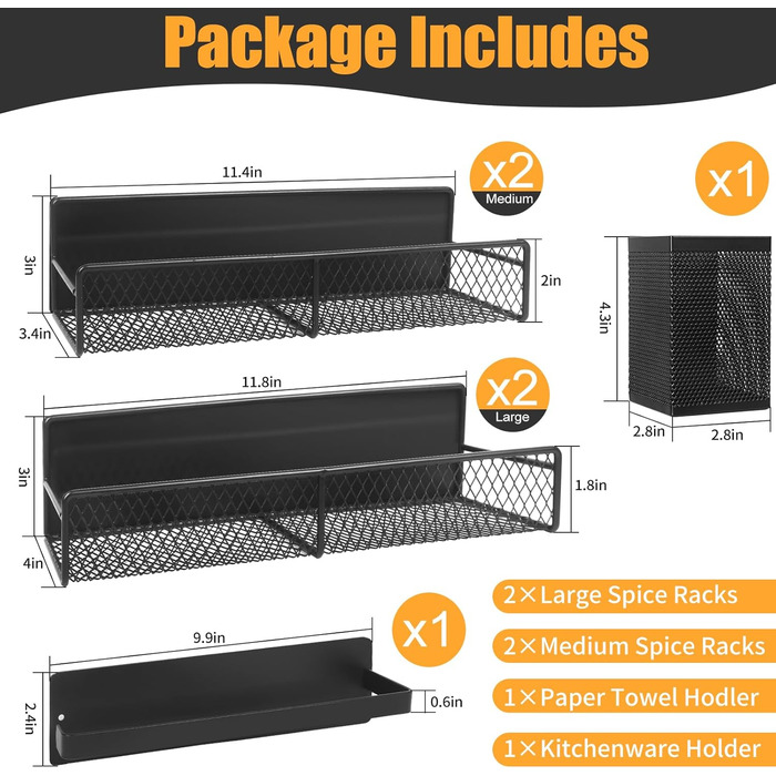 Магнітна стійка для спецій Kmise 6 шт. для холодильника, чорна, без свердління, в т.ч. тримач для паперових рушників