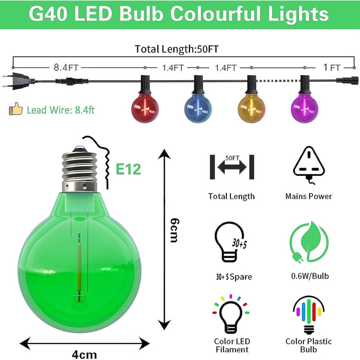 Футові барвисті садові гірляндні ліхтарі, 35 світлодіодних, захищені від ударів, енергоефективні для зовнішнього використання, 50-