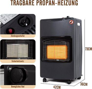 Газовий обігрівач Todeco 4200W з керамічним нагрівачем, чорний колір, 3 режими нагріву, з регулятором тиску, шлангом, для балконів та добре провітрюваних приміщень