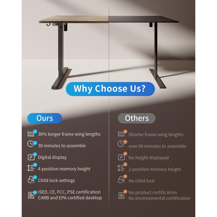 Електричний стіл CUBICUBI з регулюванням висоти, 140 x 60 см. Стельовий стіл з T-подібними ніжками зі сталі, пам'ять керування, антиколізійна система, чорний каркас/коричнева стільниця