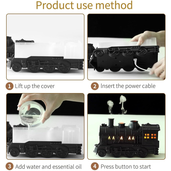 Дифузори поїзда з ефірною олією, зволожувач повітря для локомотива 300 мл з дистанційним керуванням, форма поїзда, 2 режими освітлення, ароматерапія, дифузор олії з прохолодною тягою для спальні, офісу, чорний