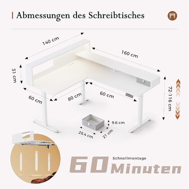 Електричний кутовий стіл Klicelor з регулюванням висоти, 160 x 140 см, білий, з LED та 3 функціями пам'яті