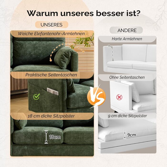 Диван Bonnlo 2-місний, компактний, 125 см, тканинний диван з м'якими підлокітниками, для офісу, вітальні, спальні, кабінету, легка збірка, льон, зелений