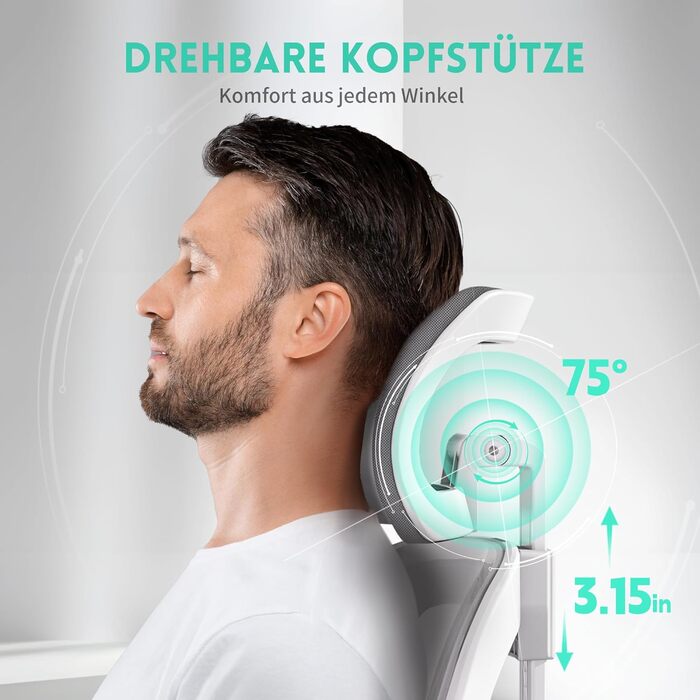 Ергономічне крісло для офісу та геймінгу, широке сидіння, регульовані підлокітники, біло-сіре, 90° підйом підлокітників