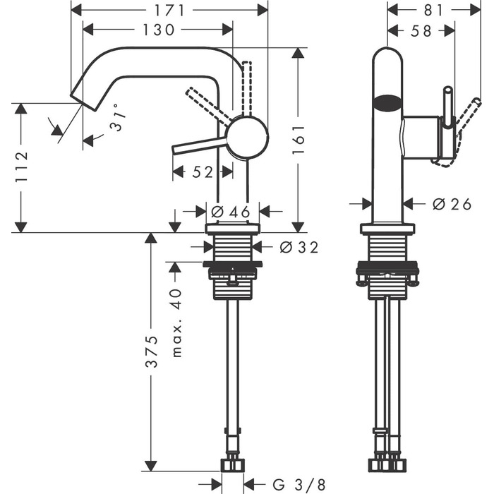 Змішувач для ванної кімнати Hansgrohe Tecturis S Fine з Push-Open, CoolStart, EcoSmart+ та виливом 110 мм, хром