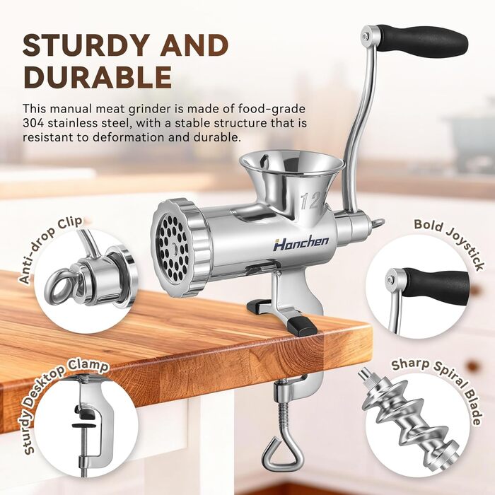 М'ясорубка ручна Hanchen з нержавіючої сталі, багатофункціональна, для ковбас та овочів (12 насадок)