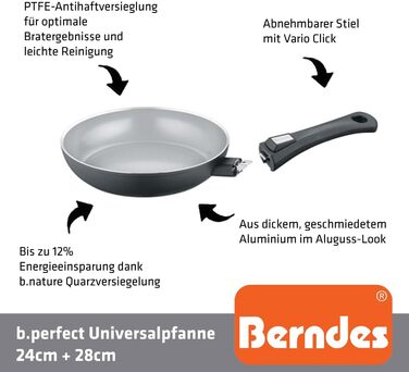 Набір сковорідок Berndes b.perfect 2 шт. - універсальна сковорода 24/28 см, знімний ручка, для всіх плит, антипригарне покриття, алюміній, без PFAS, чорний