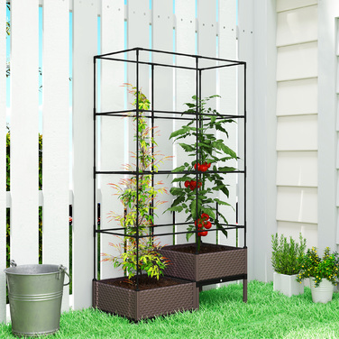 Підвищений грядок з решіткою для підтримки рослин, дренажними отворами та пластиковими горщиками, розміром 100 x 50 x 174 см