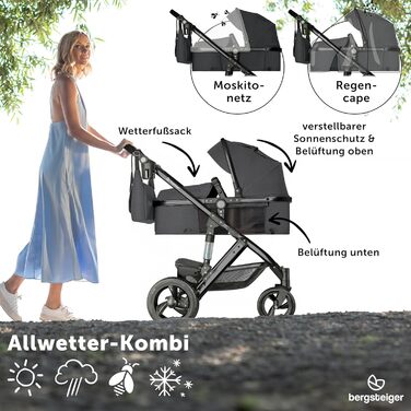 Дитяча коляска Bergsteiger Nizza 3 в 1 (сірий колір), комплект: автокрісло, люлька, прогулянковий блок та Isofix база, чорне шасі