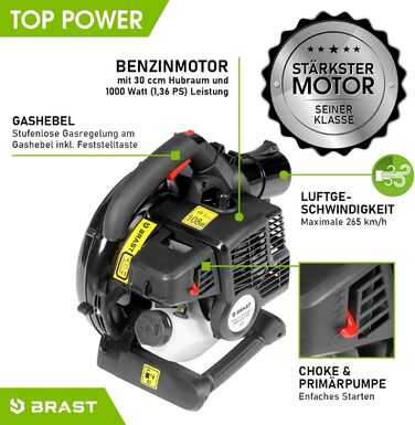Бензиновий збирач листя BRST® Laubsauger Laubbläser 1,0kW (1,36PS) з мішком 55L, 2 насадки, ремінь та антивібраційний руків'я | 4в1 | Швидкість потоку 73 м/с