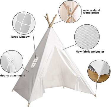 Дитячий намет-типі Kindertipi Dacron 120x120x160 см з вікном, миється, для дитячої кімнати, 4-х стовпчиків, білий
