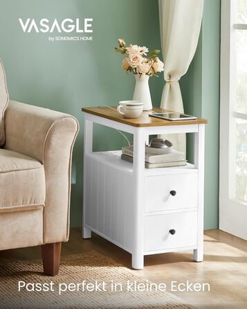 Приставний столик VASAGLE з розетками, 2 шухляди, для невеликих кімнат, стиль марина, горіхово-білий (LET327W14)