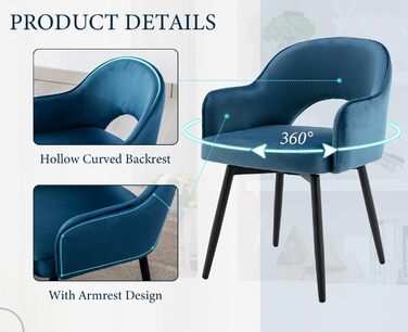 Елегантні крісла для обідньої зони 2 шт. з велюру, поворотні, 360°, з підлокітниками, блакитні (53x58x78 см)
