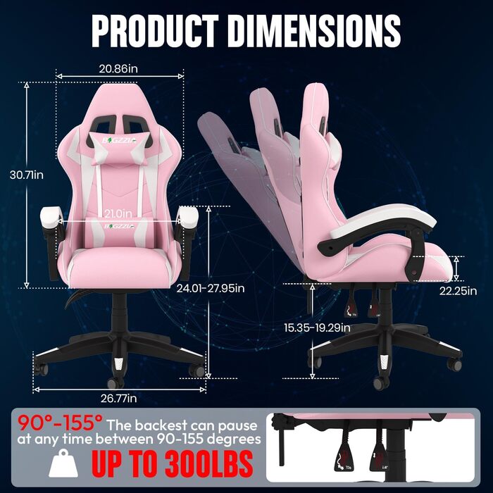Ігровий крісло Bigzzia Ergonomic з підігрівом, рожево-білий, для геймерів, комп'ютерне, з підголівником та підлокітниками
