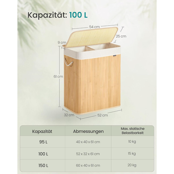 SONGMICS Кошик для білизни 95 л з кришкою, бамбук, з ручками, складний, знімний мішок для прання, для пральні, LCB060Y01