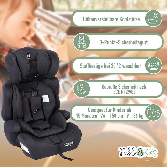 Автокрісло Kinderautositz 9-36 кг, 3-точкова система безпеки, для дітей 15 місяців, чорний колір, регульована підголовник, ECE R129/03
