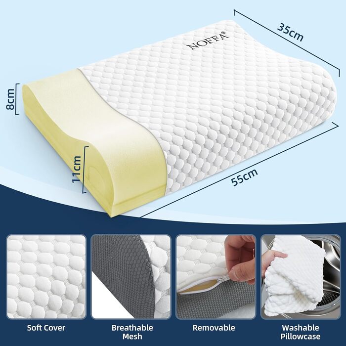 Подушка NOFFA з піною з пам'яті Memory Foam, ортопедична, для сну на спині, боці та животі, регульована висота та жорсткість, 55 x 35 x (11/8, 8/5) см, 60 x 35 x 12 см, сірий & білий колір