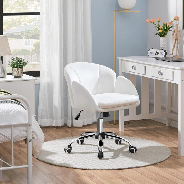 Крісло Yaheetech для дому та офісу: крісло для макіяжу, крісло для робочого столу, регульоване по висоті, поворотне, до 136 кг, з підлокітниками та спинкою, для спальні, офісу, вітальні, біле, велюрове