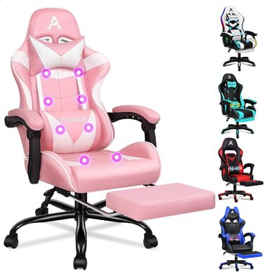 Ігровий крісло Alfordson з регульованою підніжкою, 8 точками масажу, нахилом 150°, PU-шкіра, чорний (Eryx - Рожевий, серія Eryx)