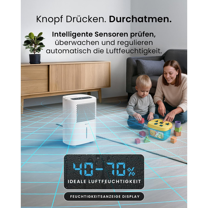 Pro Breeze® Eco Kompakt 12L/день: Електричний осушувач повітря з LED-дисплеєм, функцією сушіння білизни та Smart App (20 м²)