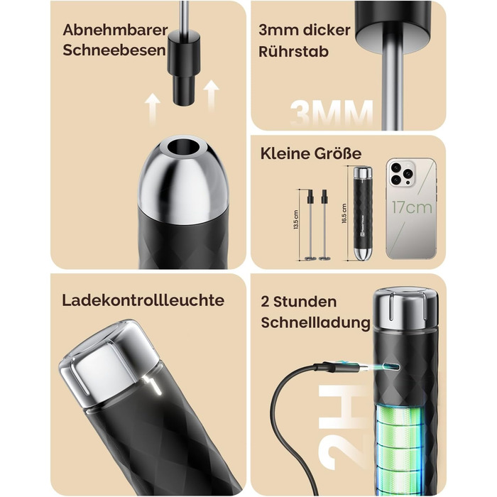 Електричний пінний вершковий вінчик Maestri House LunaFro 2.0, бездротовий, з регулюванням швидкості, чорний