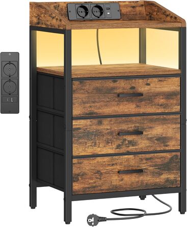 Приліжкова тумбочка Hzuaneri з LED-підсвіткою та функцією зарядки, 3 висувні ящики з тканини, USB-порти та розетки, для спальні/вітальні, чорний/коричневий, NS36301BEU, 1 шт.