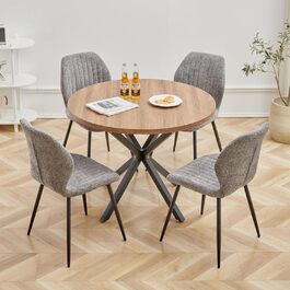 Набір обіднього столу та стільців GrandCA HOME: круглий стіл 100 см та 4 сучасні стільці з льону, для вітальні, кухні, їдальні, темно-сірий