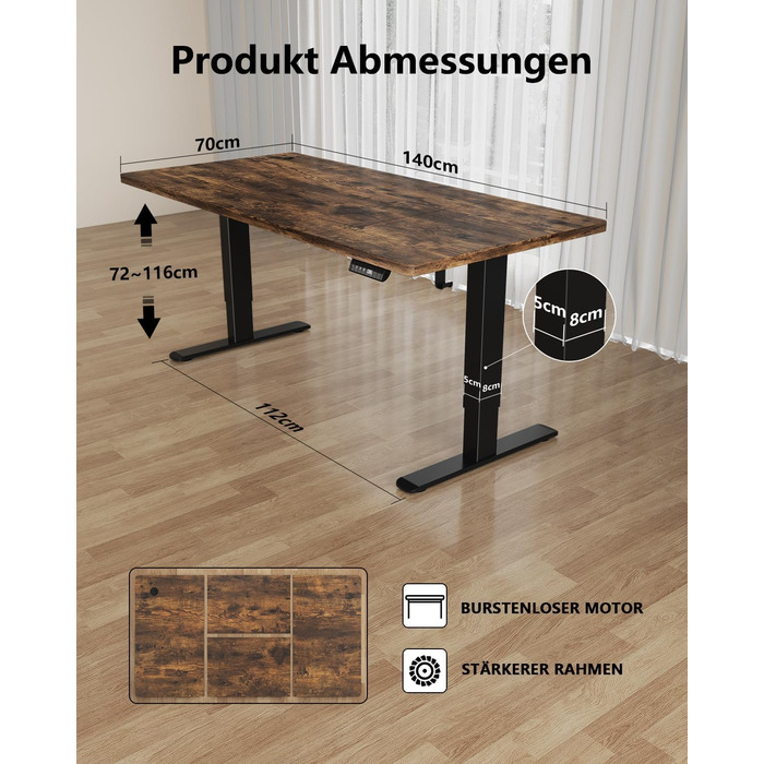 Регульований стіл Flamaker: електричний, з пам'яттю, для офісу, 140x70 см, коричневий (Vintage Braun)