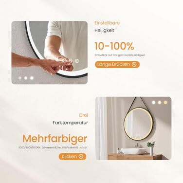 Круглий дзеркало для ванної кімнати EMKE з підсвічуванням 50 см, 3 кольори, регулювання яскравості, антизапар, пам'ять, сенсорне управління, таймер 3 години, енергозберігаючий